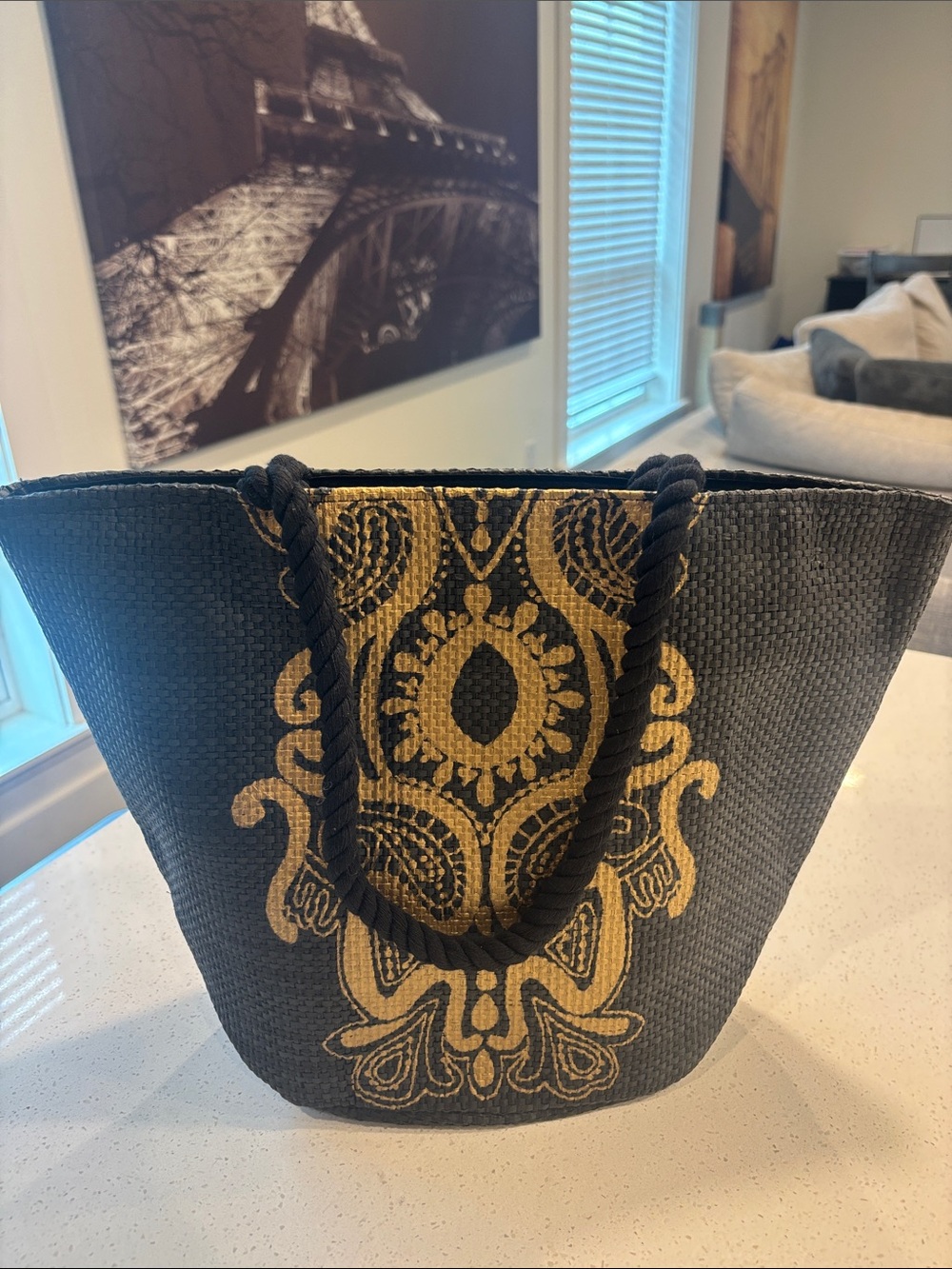 Laura Geller Black & Gold Woven Straw Tote Bag
